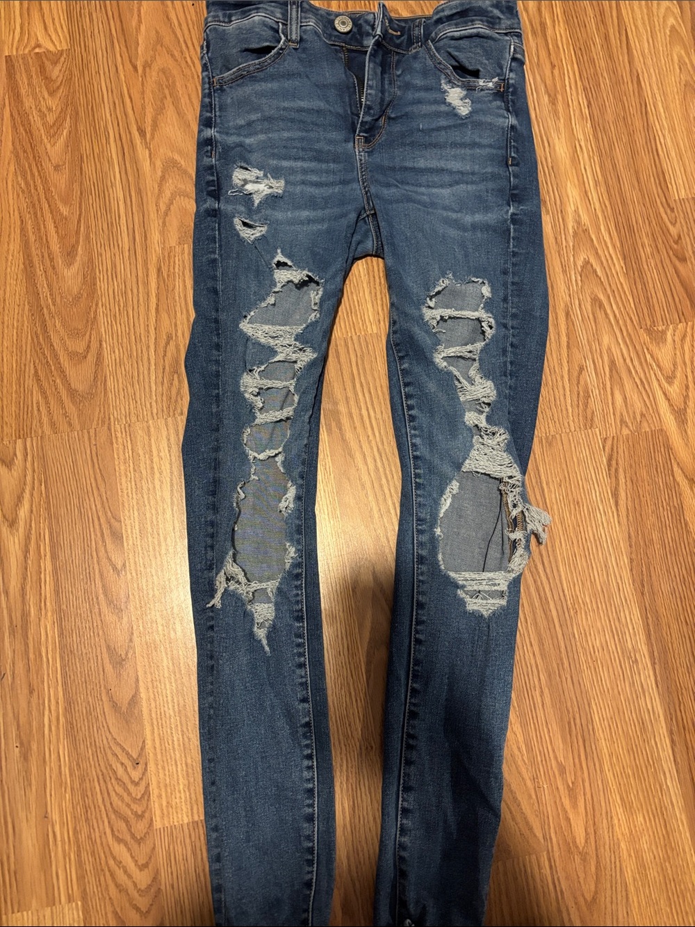 Size 4 Long American Eagle Outfitters Distressed Skinny Jeans - Dark Blue